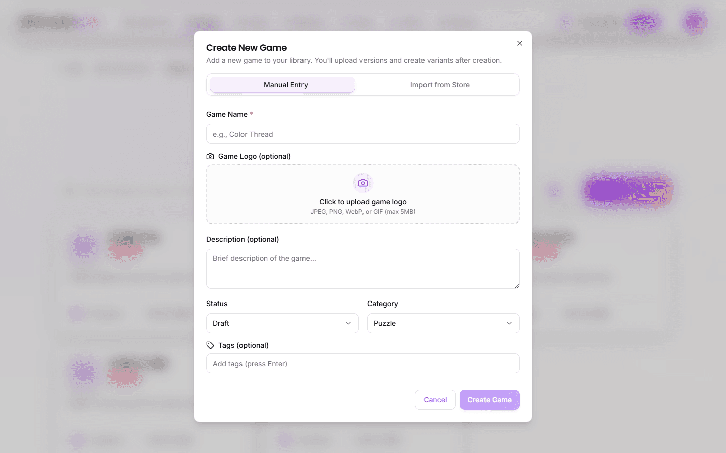 Create Game - Manual Entry Form