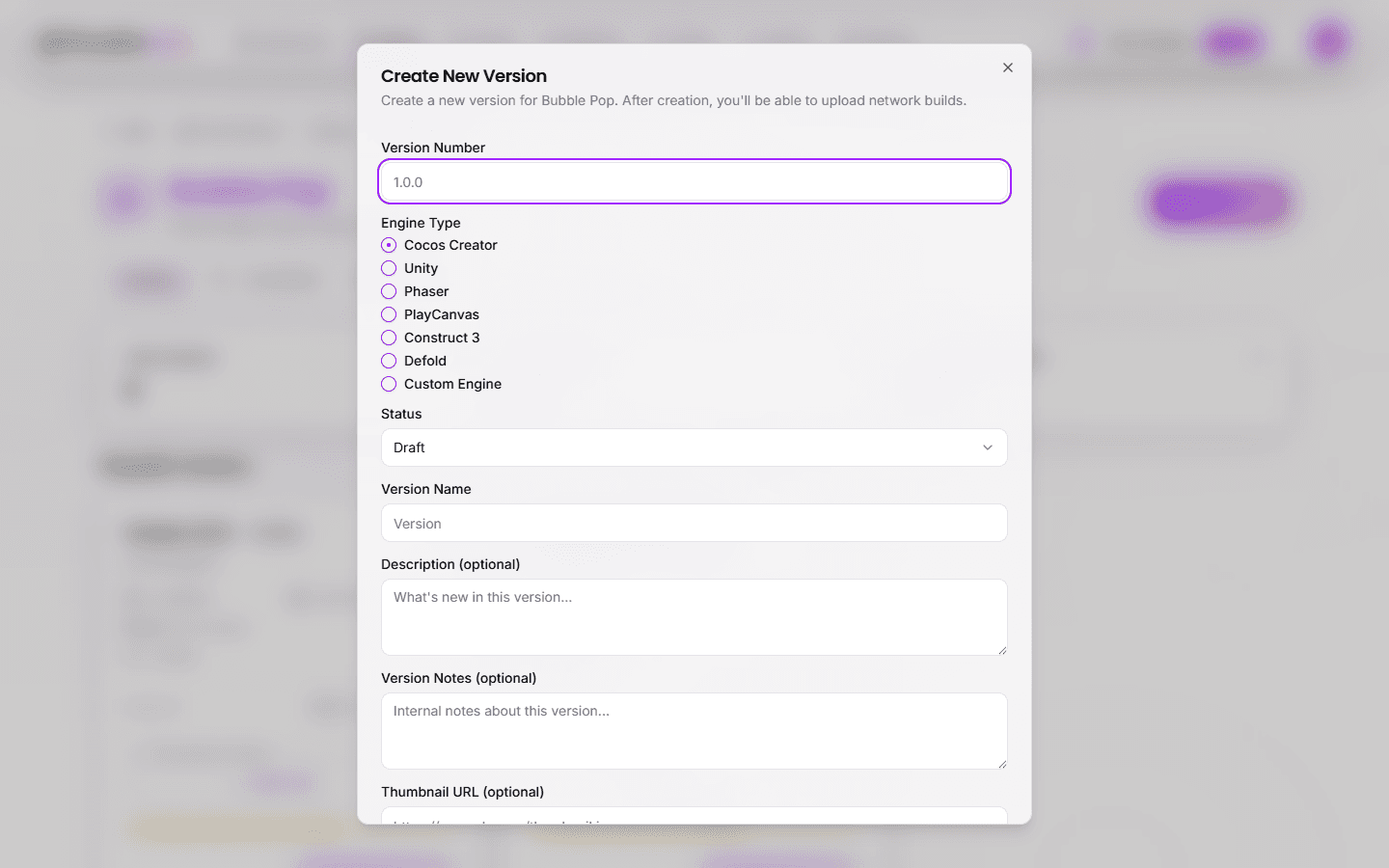 Create Version Dialog with Engine Selection